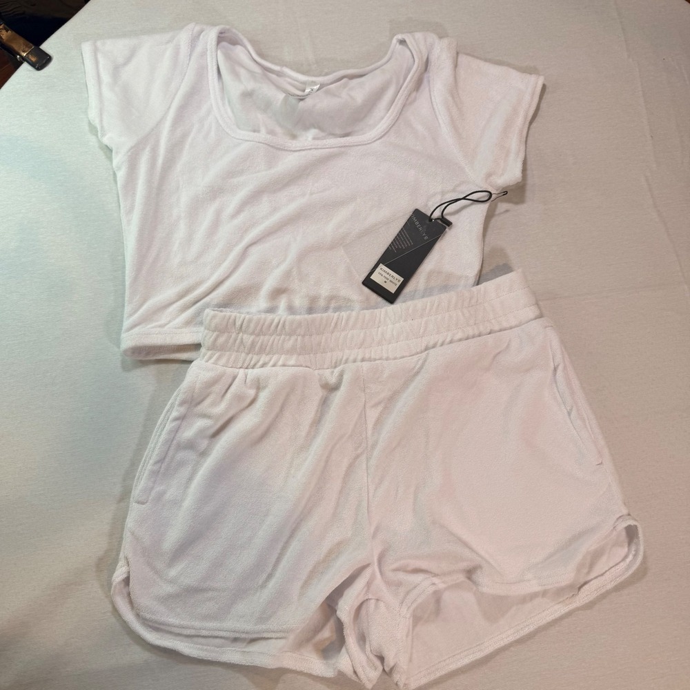NWT Kimberly C Terry Cloth Lounge Set Womens M White Short Sleeve Cropped Comfy